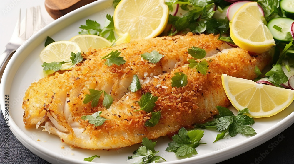Delicious Crunchy Oven Baked Tilapia Dish on White Plate With Garnish on Defocused Background Delicious Crunchy Oven Baked Tilapia Dish on White Plate With Garnish on Defocused Background