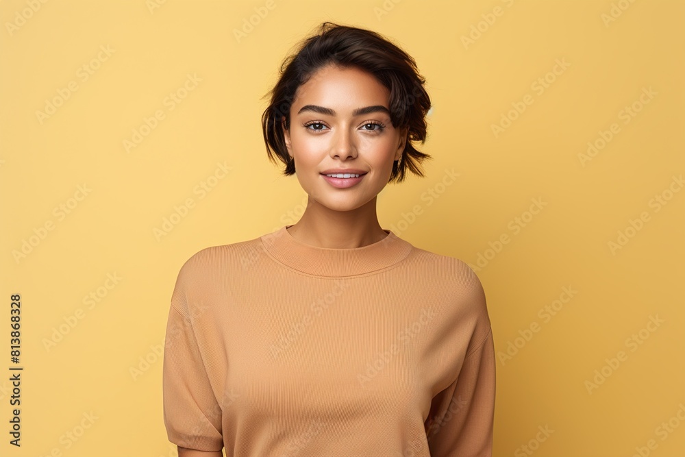 A woman with a short haircut and a tan shirt is smiling A woman with a short haircut and a tan shirt is smiling