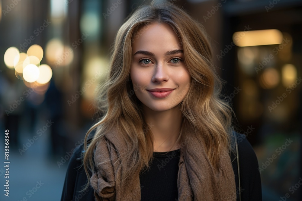 A woman with long blonde hair and a scarf around her neck is smiling A woman with long blonde hair and a scarf around her neck is smiling