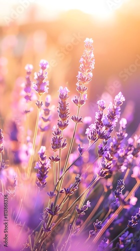 Capture a low-angle view of a lavender field at sunrise  the golden light bathing the purple blooms in a serene glow  evoking a sense of tranquility and stillness