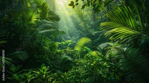 lush green foliage of a tropical rainforest with bright sunlight shining through the canopy