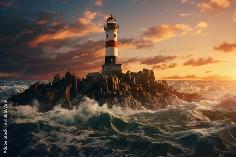 The majestic lighthouse illuminated by the dramatic sunset on the rocky shoreline, guiding ships to safety in the tranquil seascape