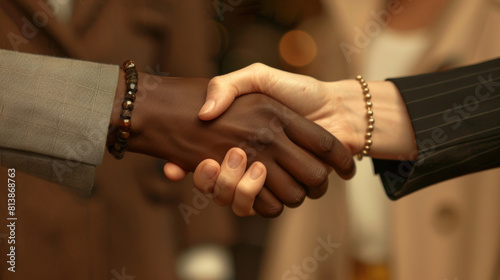 Close-up image showcasing a handshake between two women with different skin tones, symbolizing diversity and partnership in business © Alexandra