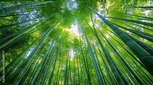 Looking up at the lush green bamboo forest