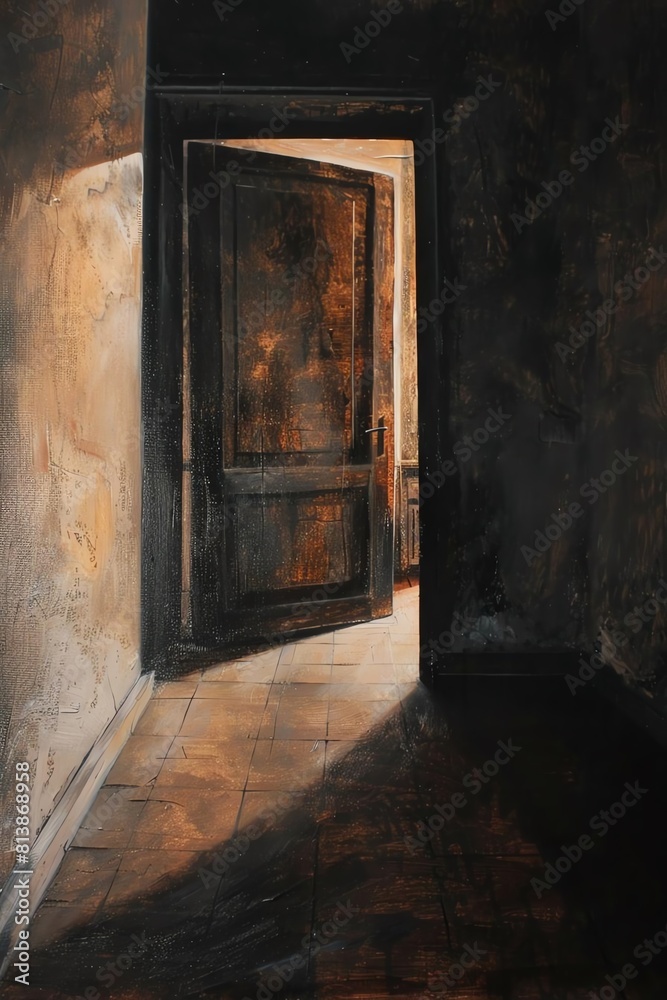 Obraz premium Capture the suspenseful moment of a door creaking open, revealing a mysterious world beyond, shrouded in shadows and dim light, using a mix of chiaroscuro and acrylic textures