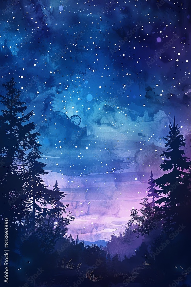 Fototapeta premium Capture the tranquility of a night sky in a digital watercolor style Show a serene landscape with stars twinkling above, crickets chirping below