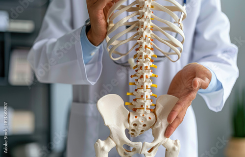 A doctor holding an anatomical model of the spine, showing that posture plays an important role in neck pain and back treatment.