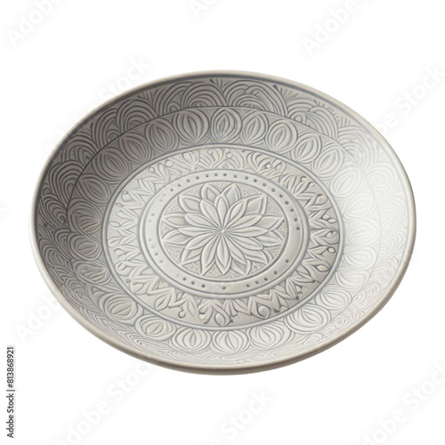 White round ceramic plate with light colored patterns