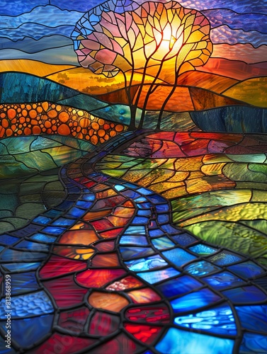 Stained glass mosaic artwork depicting a sunset over a river and trees.