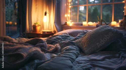 A cozy bedroom scene with fluffy pillows and a soft blanket inviting peaceful slumber on a chilly evening.