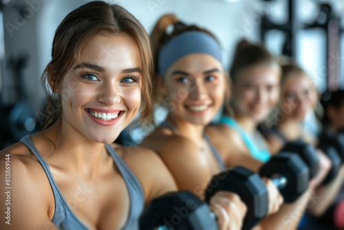 A smiling young woman with a group of friends doing dumbbell curls in a gym © ink drop