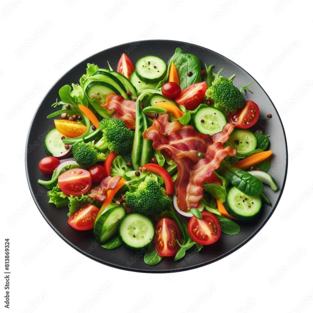 Fresh vegetable salad on a black round plate isolated
