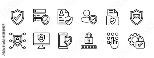 Privacy policy thin line icon set. Containing safety, security, protection, access, protect, secure of data, document, file, information, network system, communication. Vector illustration