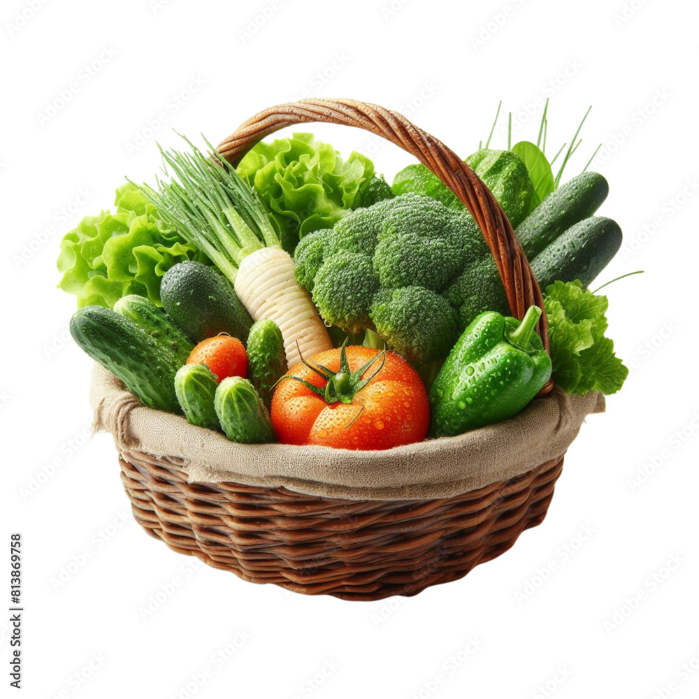 Fresh vegetables in a brown woven basket isolated Fresh vegetables in a brown woven basket isolated