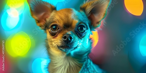 Chihuahua's playful expression under neon lights in the city. Concept Pet Photography, Neon Lights, Cityscape, Chihuahua, Playful Expression photo