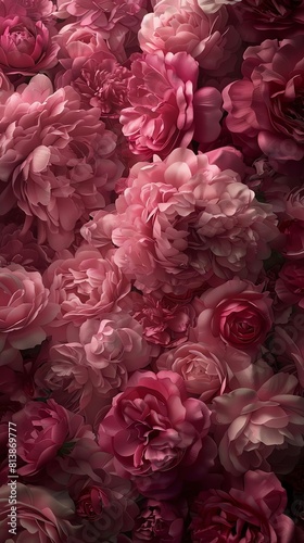 Design a digital composition featuring an aerial view of lush roses blooming
