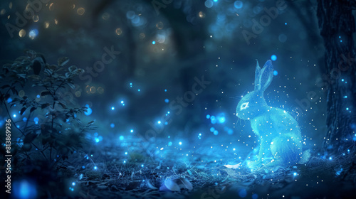 Enchanted Forest at Night with a Magical Glowing Rabbit
