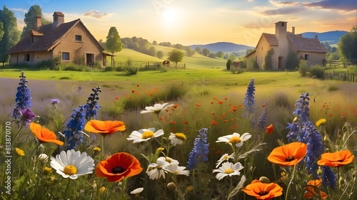 bee and butterfly in a sunny field meadow in the woods, with daisies, cornflowers, lavender, poppies, and an old village on Horison on a summer morning under a setting sun, created artificial intellig photo