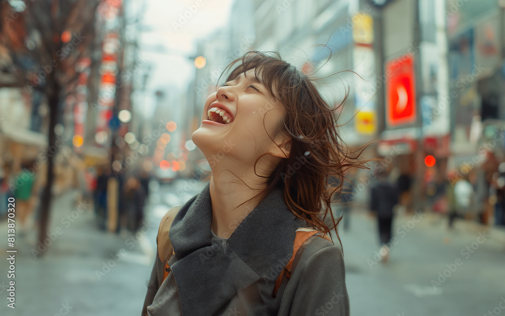 young woman's laughter fills the air on a city street young woman's laughter fills the air on a city street