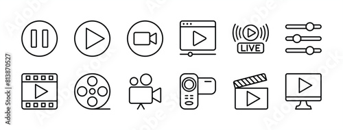 Video player thin line icon set. Containing play or start button, pause or stop, media, camera, live, cinema, multimedia, film, handycam, clapperboard, movie, streaming or online video. Vector photo