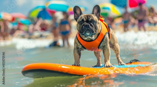 Adventurous french bulldog in orange life jacket conquering the waves © Photocreo Bednarek