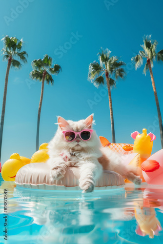 White cat with pink sunglasses floating in pool with tropical backdrop photo