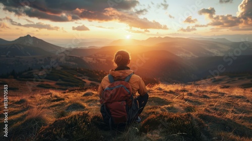 Backpacker watching sunset from mountain top