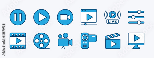 Set of video player icon. Containing play or start button, pause or stop, media, camera, live, cinema, multimedia, film, handycam, clapperboard, movie, streaming or online video. Vector illustration