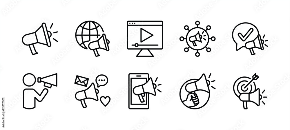 Digital marketing thin line icon set. Containing megaphone, advertising, online video, media social, mobile, goal or target, communication, influence, campaign, public. Vector illustration