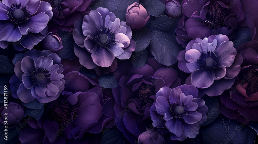 Bold purple flowers stand out against a dark background in a striking contrast of colors Bold purple flowers stand out against a dark background in a striking contrast of colors