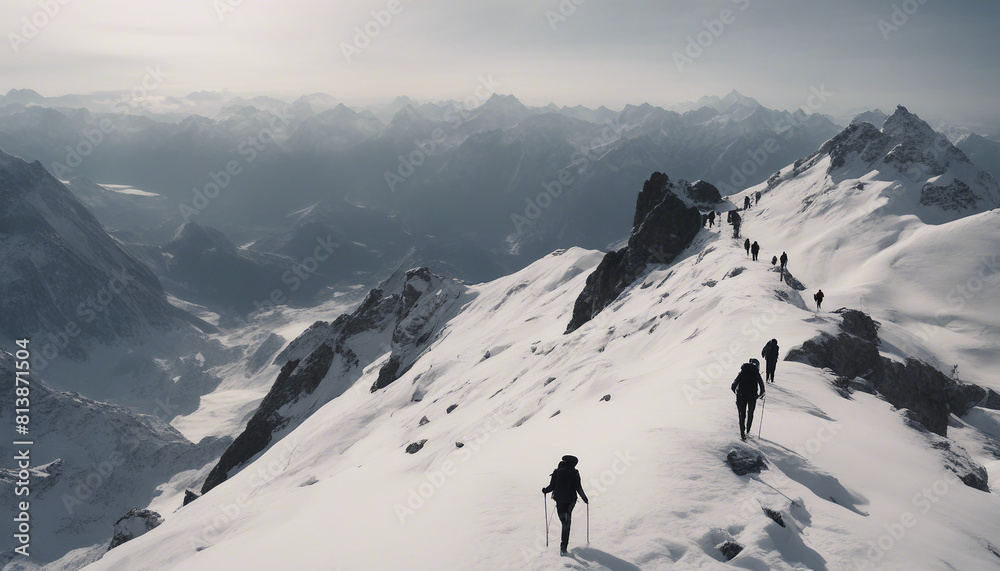 silhouette of people climbing in a row up a steep rocky snowy mountain
silhouette of people climbing in a row up a steep rocky snowy mountain