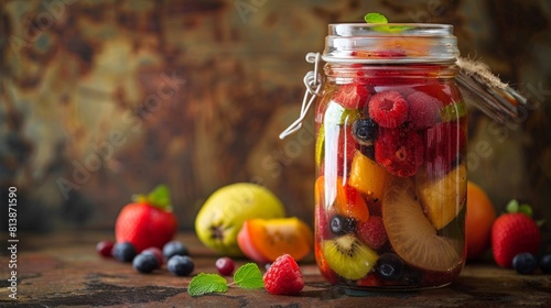 A glass jar filled with a colorful assortment of fruit preserves, capturing the essence of homemade goodness and sweet indulgence.
