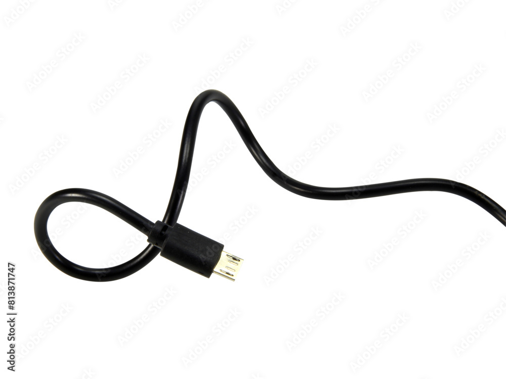black wire cable of usb and adapter isolated on white background.Electronic Connector.Selection focus. black wire cable of usb and adapter isolated on white background.Electronic Connector.Selection focus.