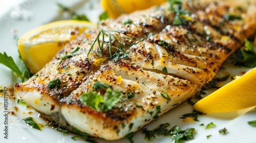 A grilled barramundi fillet served with lemon wedges and fresh herbs, a gourmet seafood dish bursting with flavor.