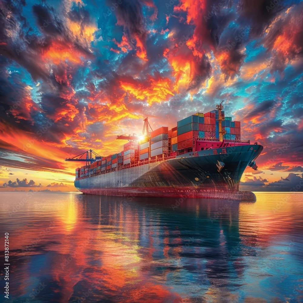 A large container ship sails on the ocean at sunset A large container ship sails on the ocean at sunset