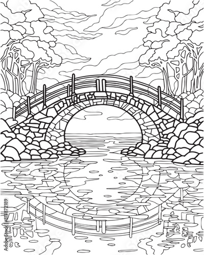 Landscape with bridge and river. Coloring book