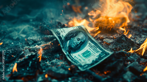 The image shows a hundred-dollar bill on fire. The flames are orange and yellow, and the bill is black and green. The background is dark. photo