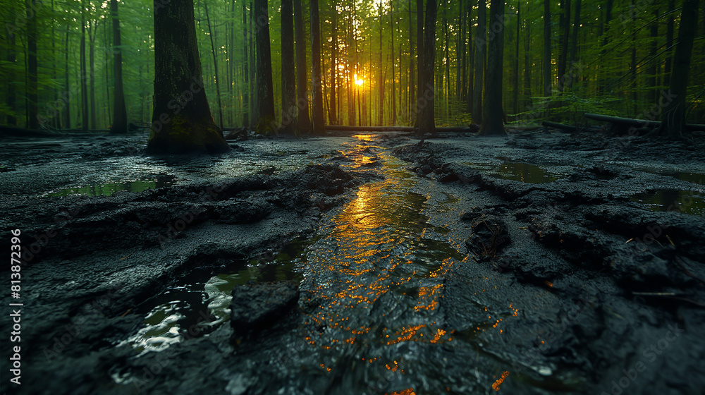 Fototapeta premium The photo shows a beautiful forest with a small river running through it. The sun is shining through the trees, creating a magical atmosphere.