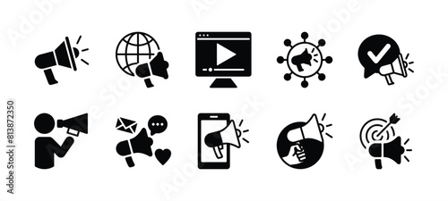 Digital marketing icon set. Containing megaphone, advertising, online video, media social, mobile, goal or target, communication, influence, campaign, public. Vector illustration