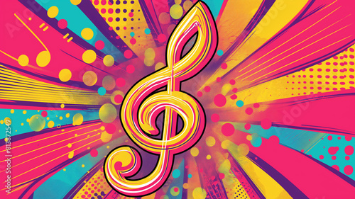 Pop art comic musical note poster. Colorful background in pop art retro comic style.