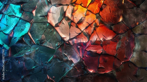 A vibrant mosaic of cracked glass catches light in a spectrum of colors, resembling an abstract painting. photo