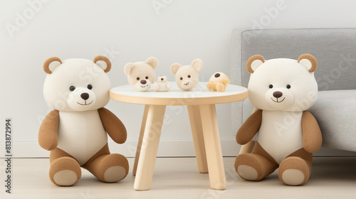 A family of cute and cuddly teddy bears in a warm and inviting living room photo