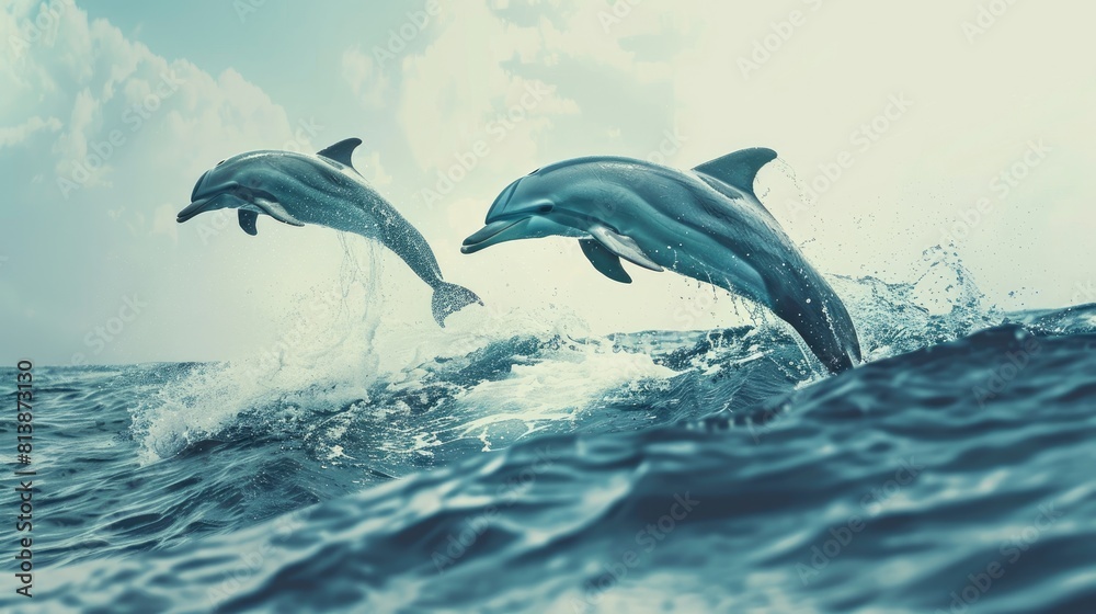 Fototapeta premium Two beautiful dolphins jump over the rising waves. Marine animals in their natural habitat.