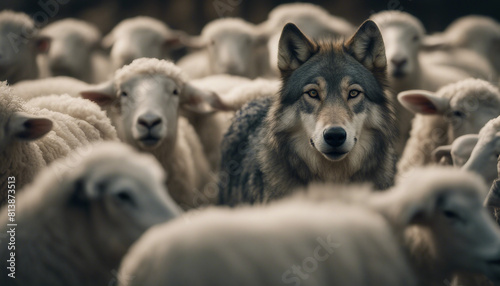 wild wolf with its head seen among the flock of sheep in the barn