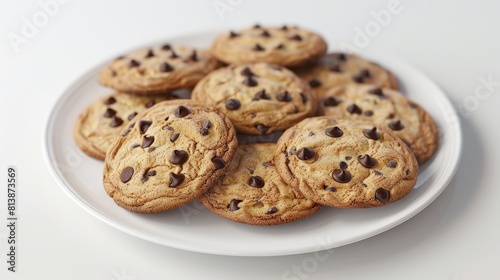 A plate of chocolate chip cookies on a white background.