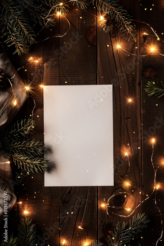 A piece of white blank paper surrounded by beautiful fairy lights  photo