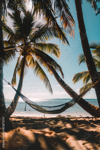 Hammock between palm trees on a tropical beach near the ocean water  nobody.
