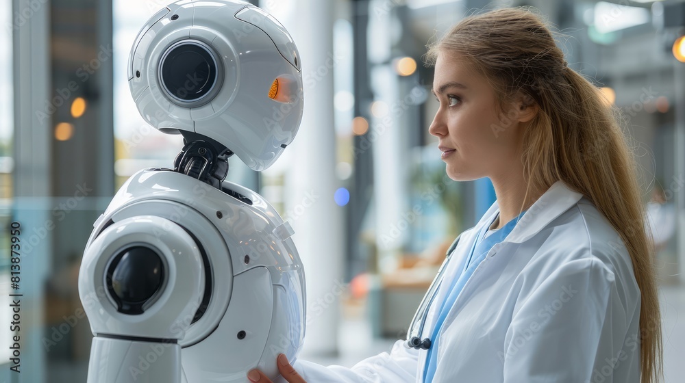 A healthcare provider interacting with a humanoid AI robot programmed to assist with patient care tasks, showcasing the integration of robotics and artificial intelligence in healthcare settings. A healthcare provider interacting with a humanoid AI robot programmed to assist with patient care tasks, showcasing the integration of robotics and artificial intelligence in healthcare settings.