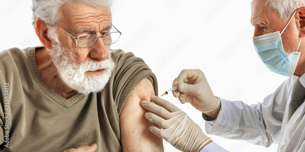 Elderly Man getting Covid Vaccine shot to arm. Doctor giving Injection to senior Male at Hospital. Virus, COVID-19, Flu protection. Vaccination of old Patient in Clinic during pandemic. Mpox Protect Elderly Man getting Covid Vaccine shot to arm. Doctor giving Injection to senior Male at Hospital. Virus, COVID-19, Flu protection. Vaccination of old Patient in Clinic during pandemic. Mpox Protect