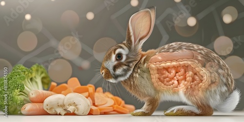 Illustration of rabbit digestive system slowdown causing decreased appetite and lethargy. Concept Rabbit Digestive System, Decreased Appetite, Lethargy, Health Issues, Illustration photo